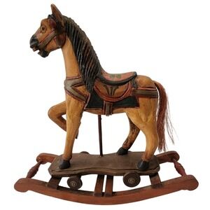 Vintage 1950's 14" Wooden Hand Craved Carousel Rocking Horse w/ Horsehair Tail‎